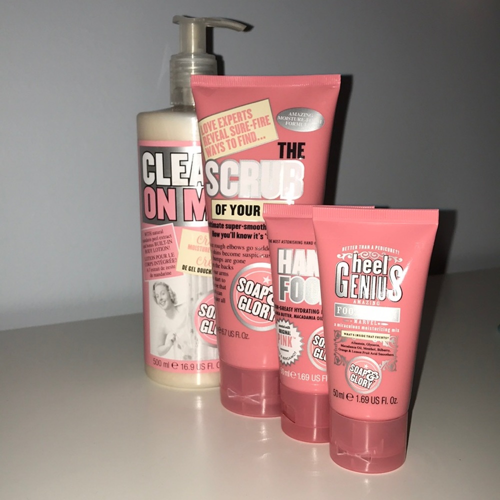 Soap and glory body wash, scrub, and lotions set